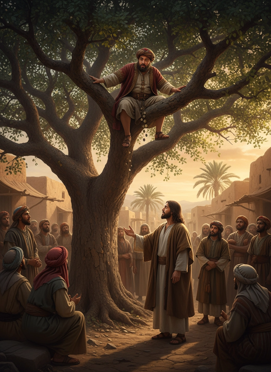 Jesus speaking with Zacchaeus in a tree