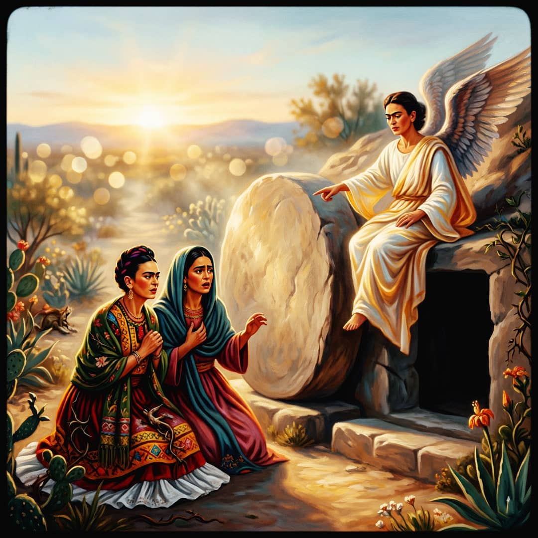 An angel istructing the two Marys at Jesus' tomb.