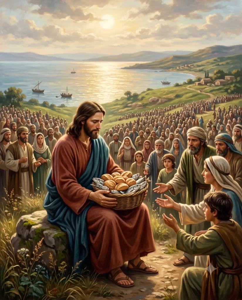 Jesus feeding people with fish and bread